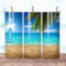 This photo is of a calm beach and turquoise water tumbler shown from all sides – wraparound design with soft sand and sky. Subllimated.
